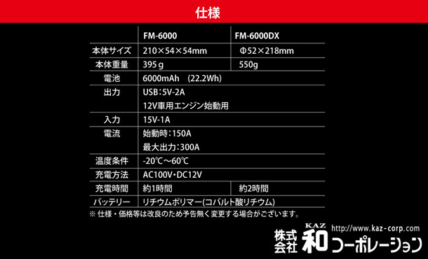 ジャンプスターター　携帯パワースターター12V専用　仕様　FM-6000